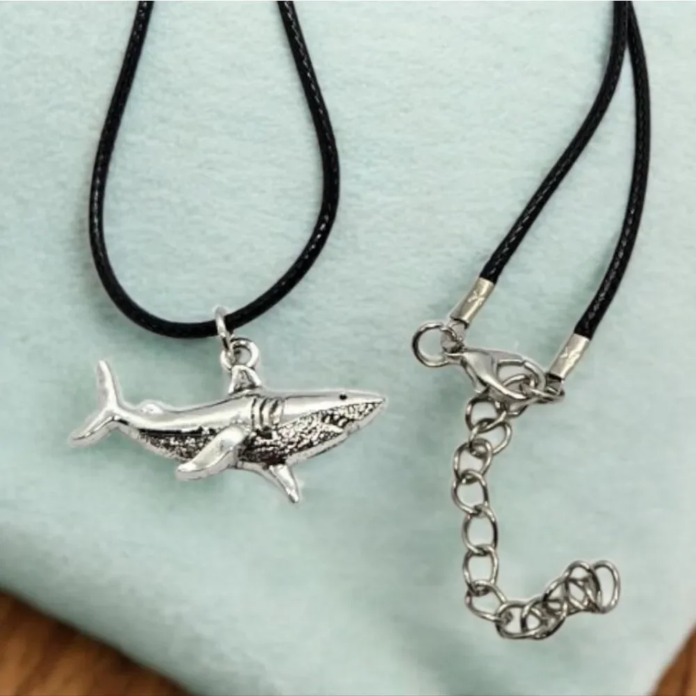 Silver Shark Pendant Nautical Ocean Necklace Black Corded Sea Creature Jewelry